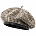 Béret taille unique en tissu marron beige noir à motif pied-de-poule style classique