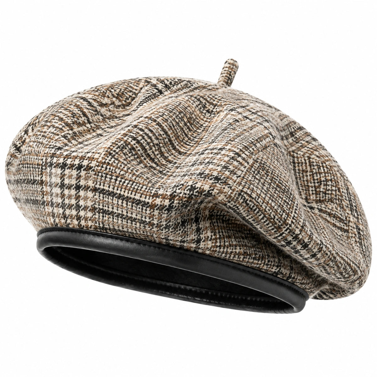Béret taille unique en tissu marron beige noir à motif pied-de-poule style classique
