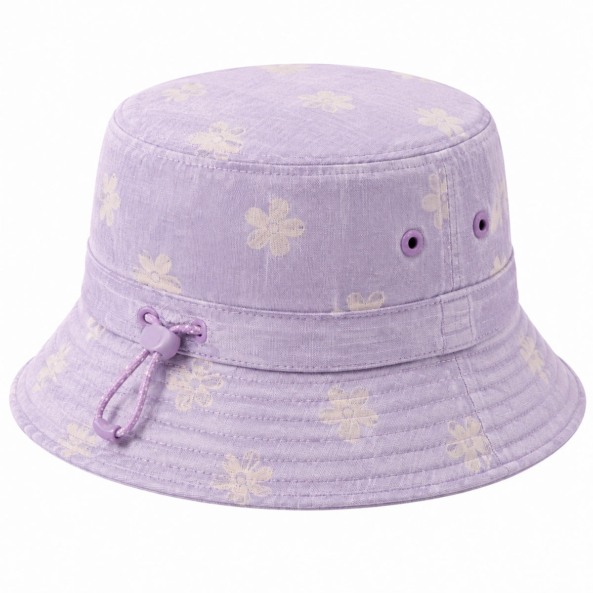 Chapeau bob taille unique en tissu violet à motif floral avec cordon de serrage