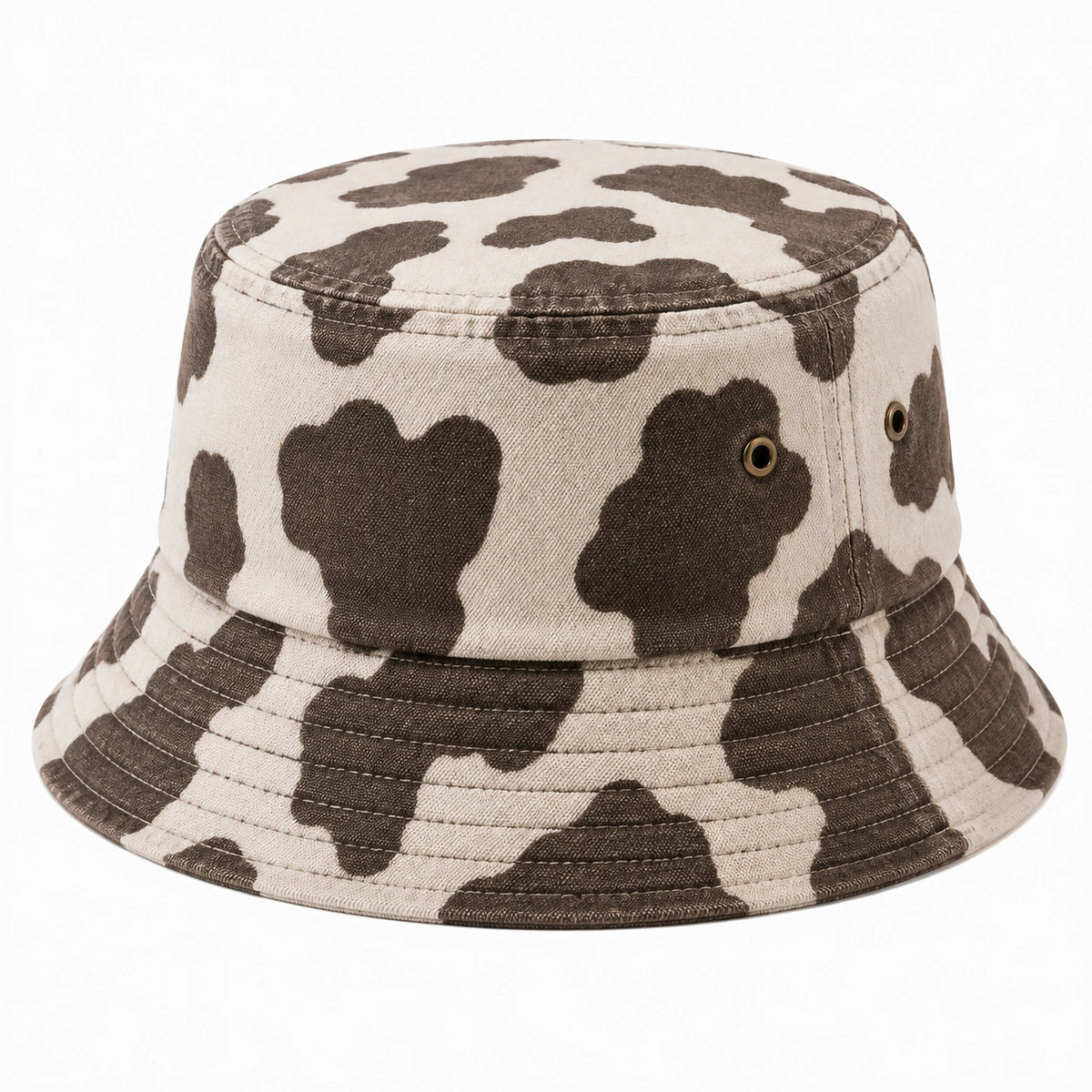 Bob taille unique en tissu beige et marron à motif vache avec œillets