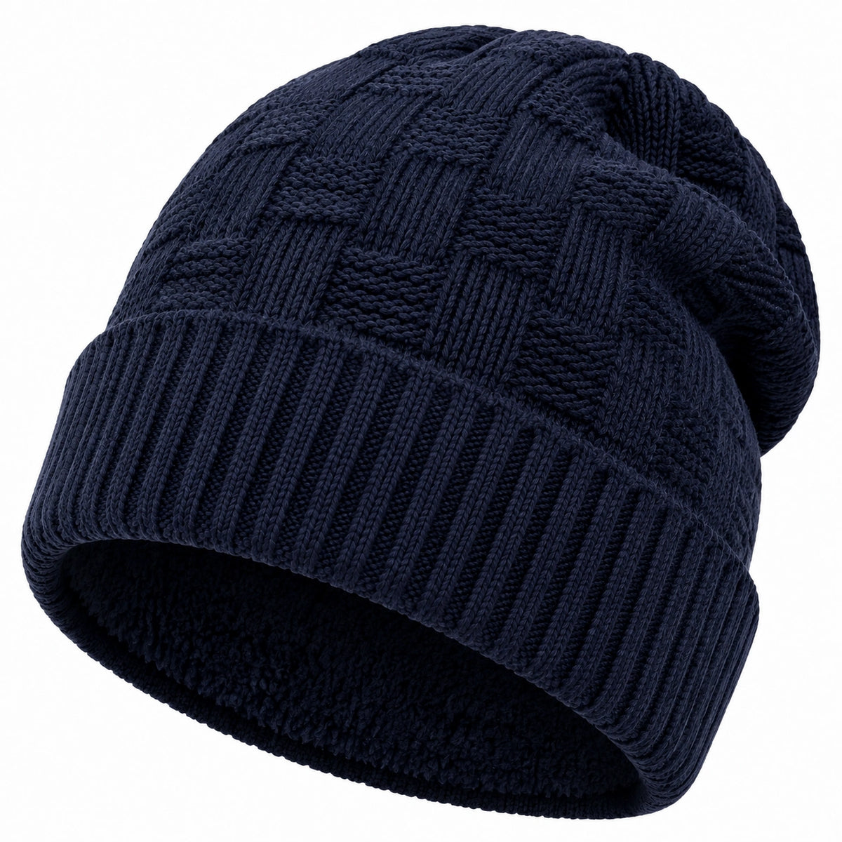 Bonnet taille unique en maille bleu marine à revers pour adulte style côtelé