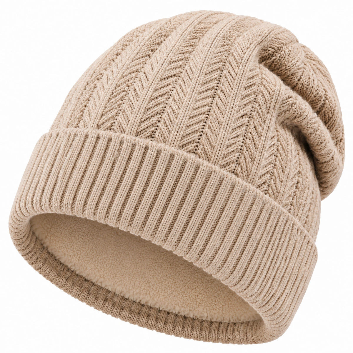 Bonnet tricoté beige taille unique doublé polaire à revers pour adulte