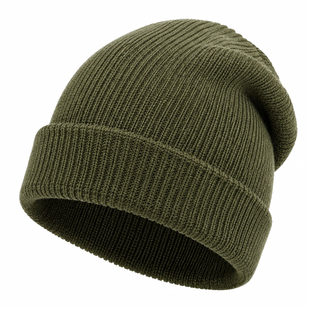 Bonnet taille unique en maille côtelée vert olive - revers souple pour usage quotidien