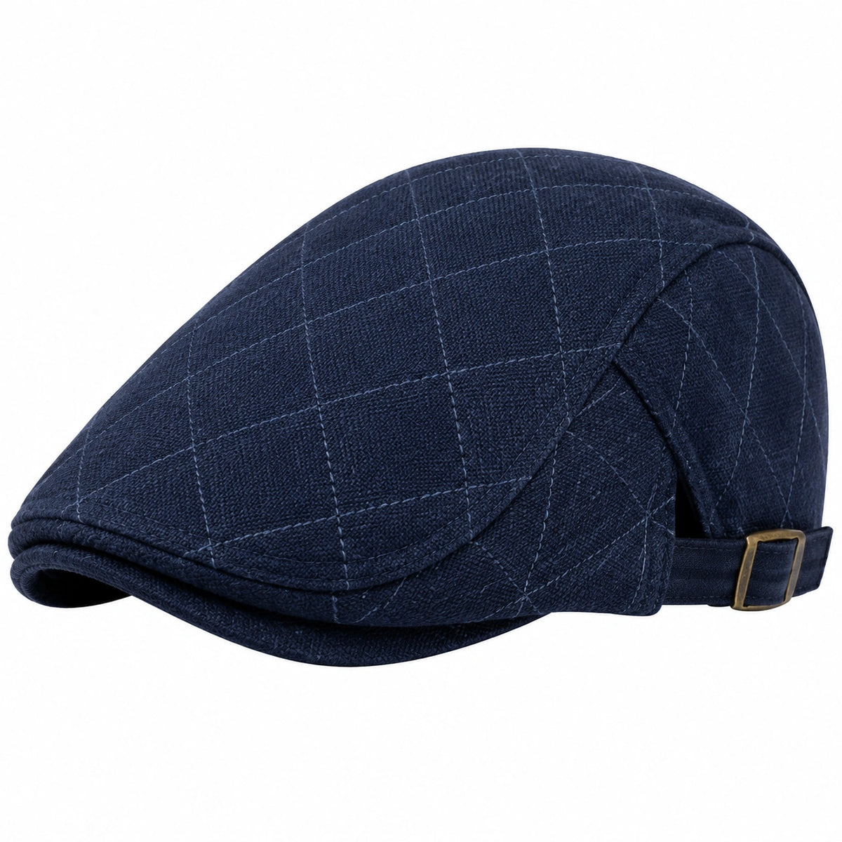 Casquette plate taille unique en tissu bleu marine à carreaux avec boucle réglable