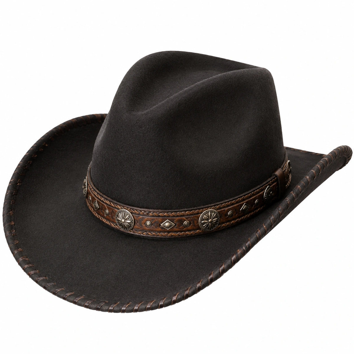 Chapeau cowboy taille unique en feutre noir avec bandeau effet cuir style western