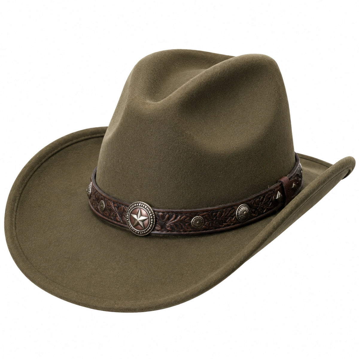 Chapeau cowboy taille unique en feutre vert kaki avec bandeau décoratif style western
